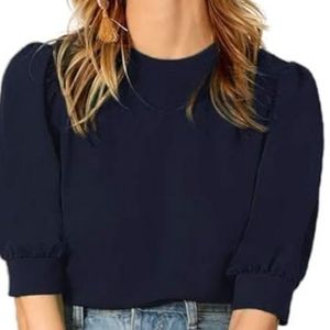 Women's Puff Sleeve Casual Solid Top Pullover Keyhole Back Blouse. Dark Blue XL